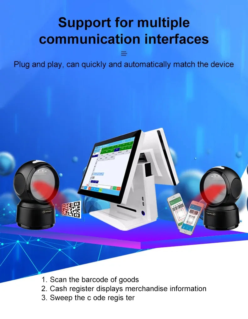 Two ScanHome 2D barcode scanners with POS register and barcode cards