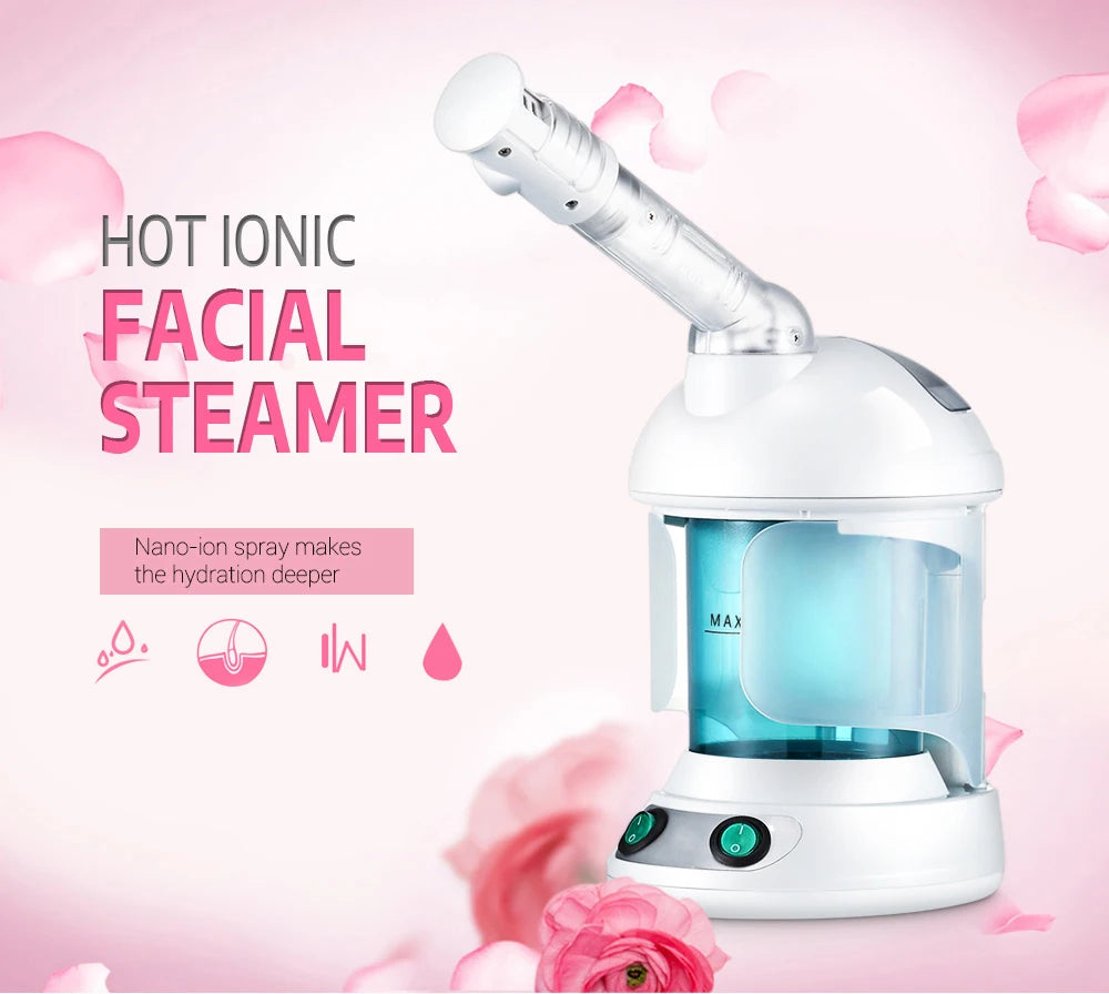 White hot ionic facial steamer with blue water tank for deep pore cleansing, hydration, and home spa skin care.