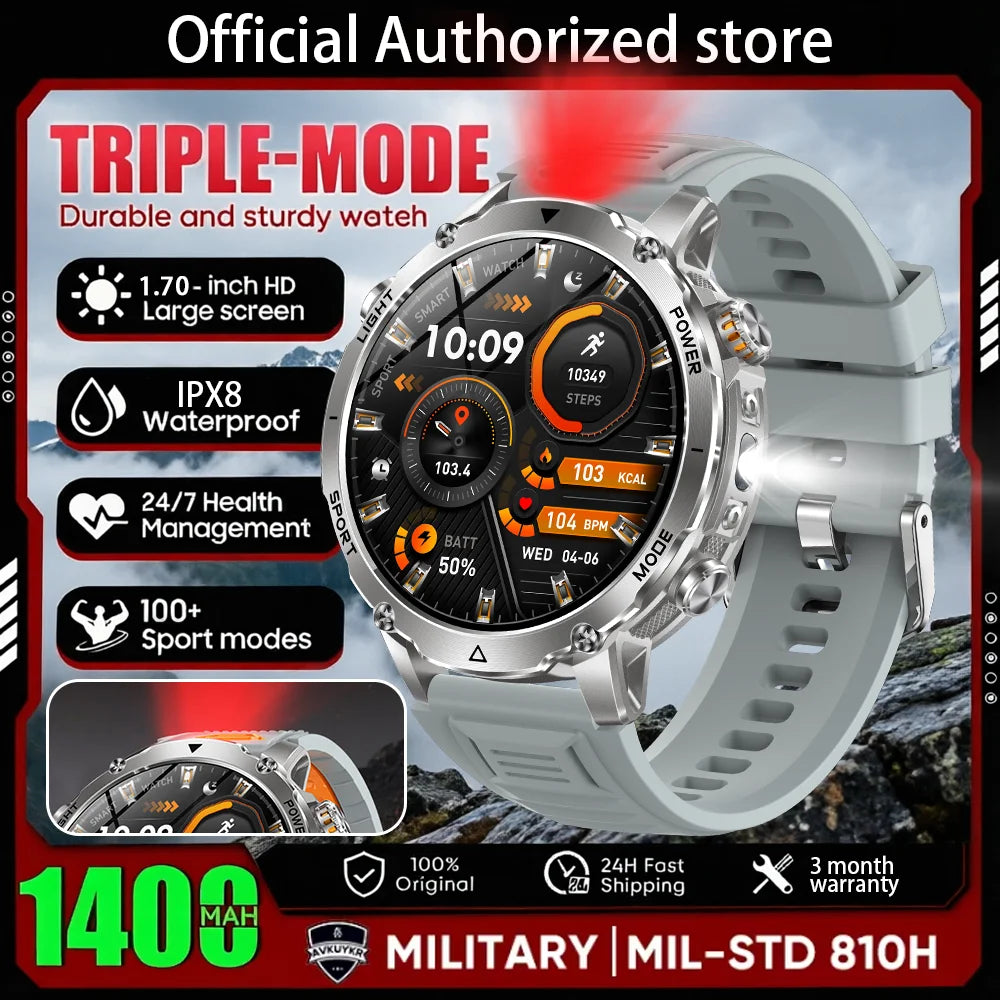 White silicone strap smart watch with round silver case and black digital display.