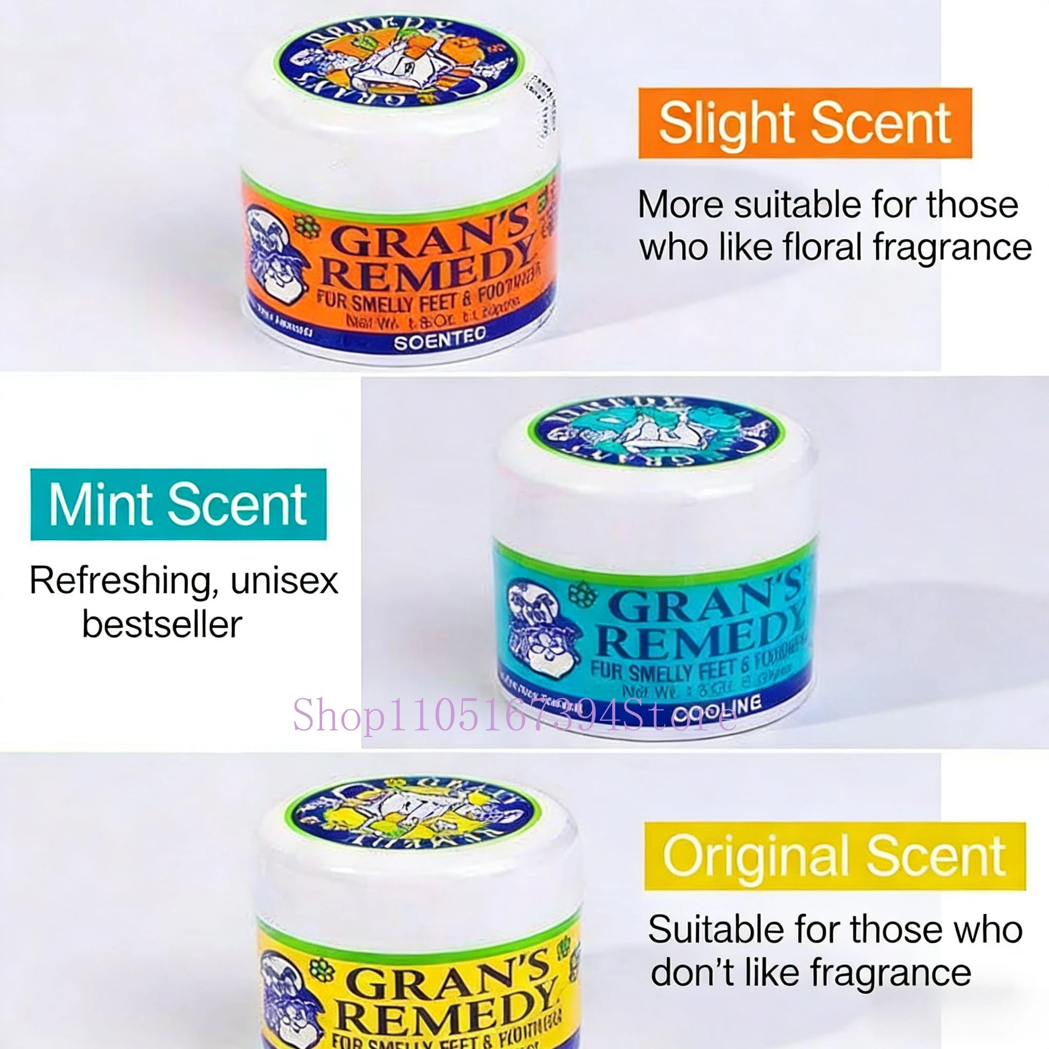 Gran's Remedy foot powder deodorizer in white tubs with orange, blue, and yellow labels for shoe odour control.