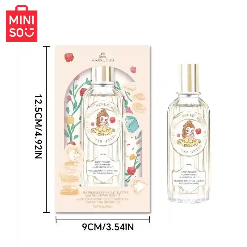 MINISO Disney Belle Fantasy Flower EDP for women: 60ml floral perfume in a slim, elegant glass spray bottle.