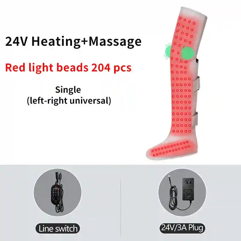 Grey, knee-high leg compression boot with 204 red light therapy beads, a wired remote, and a power adapter.