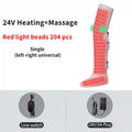 Grey, knee-high leg compression boot with 204 red light therapy beads, a wired remote, and a power adapter.