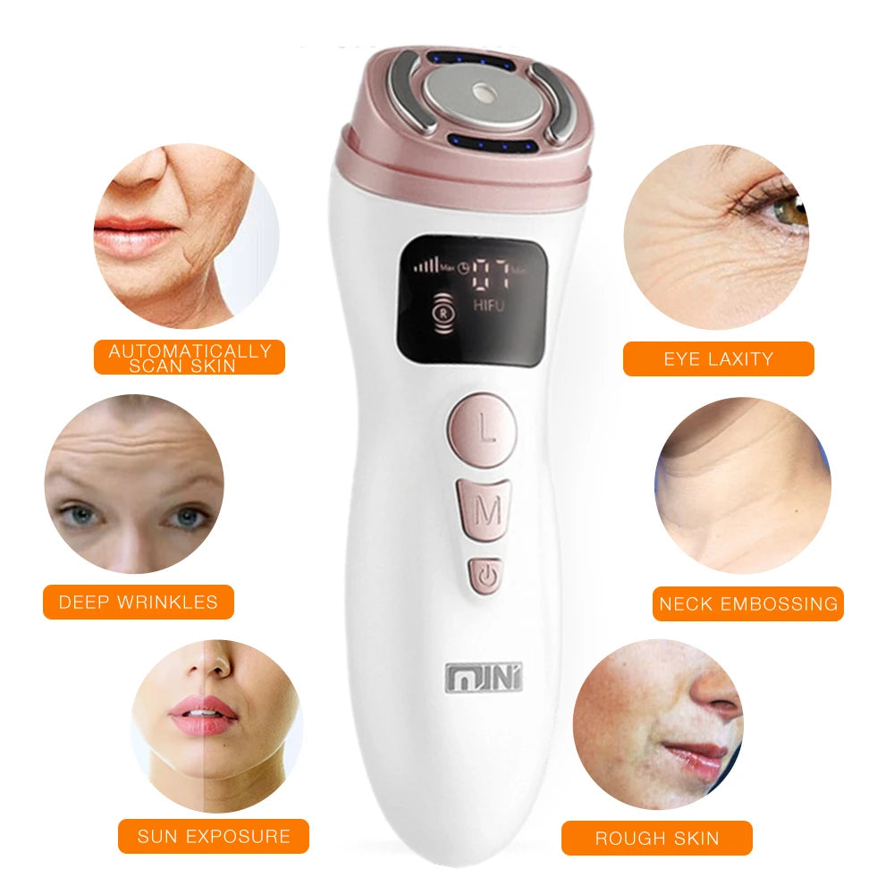 White and rose gold handheld HIFU facial tightening device with digital display, buttons, and skin condition inserts.