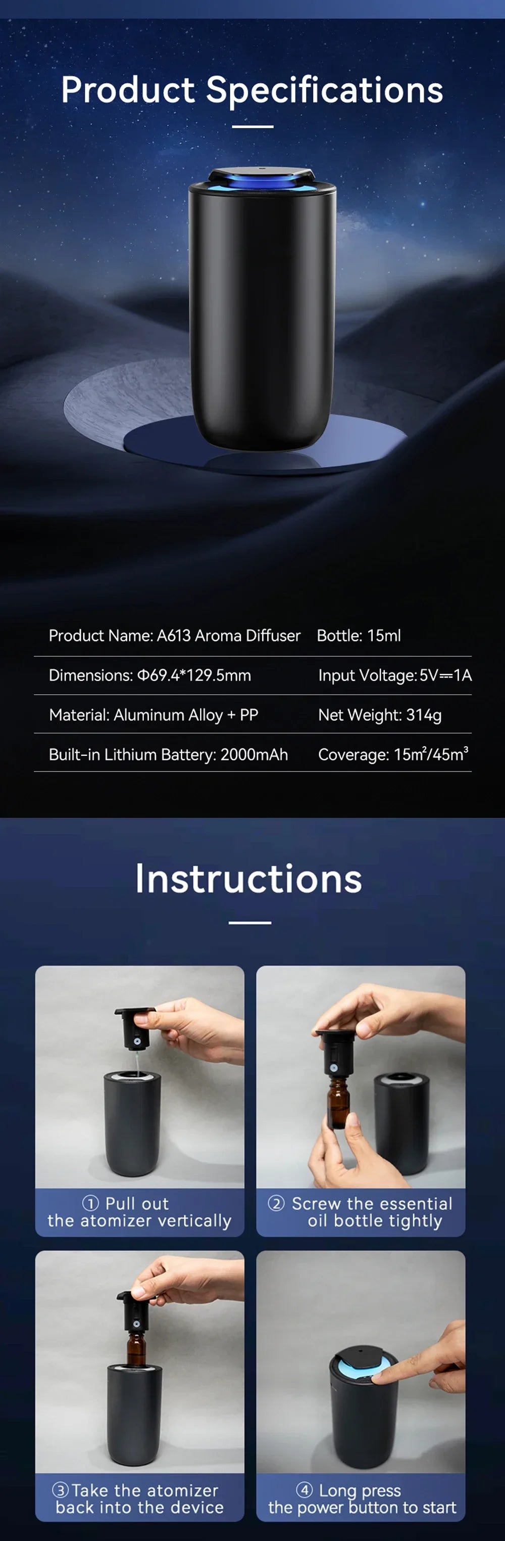 Portable Car Fragrance Diffuser Wireless Aroma Oil Diffuser USB Charge Essential Oil Diffuser 2000MAH Waterless Machine Travel