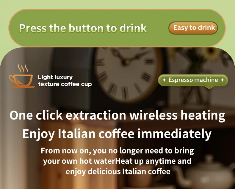 Portable wireless espresso machine for Italian coffee with one-click heating and extraction technology.