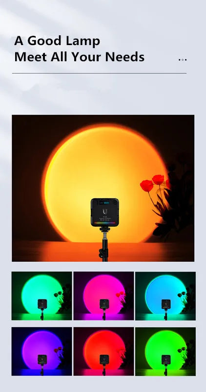 A square, portable LED sunset projection lamp on a tripod stand, capable of displaying various multi-colored light