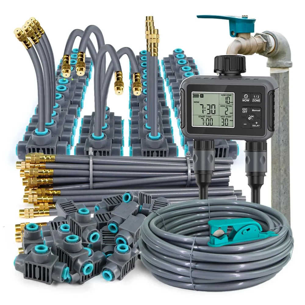 Dual-zone garden watering timer with LCD display, hoses, nozzles, and fittings