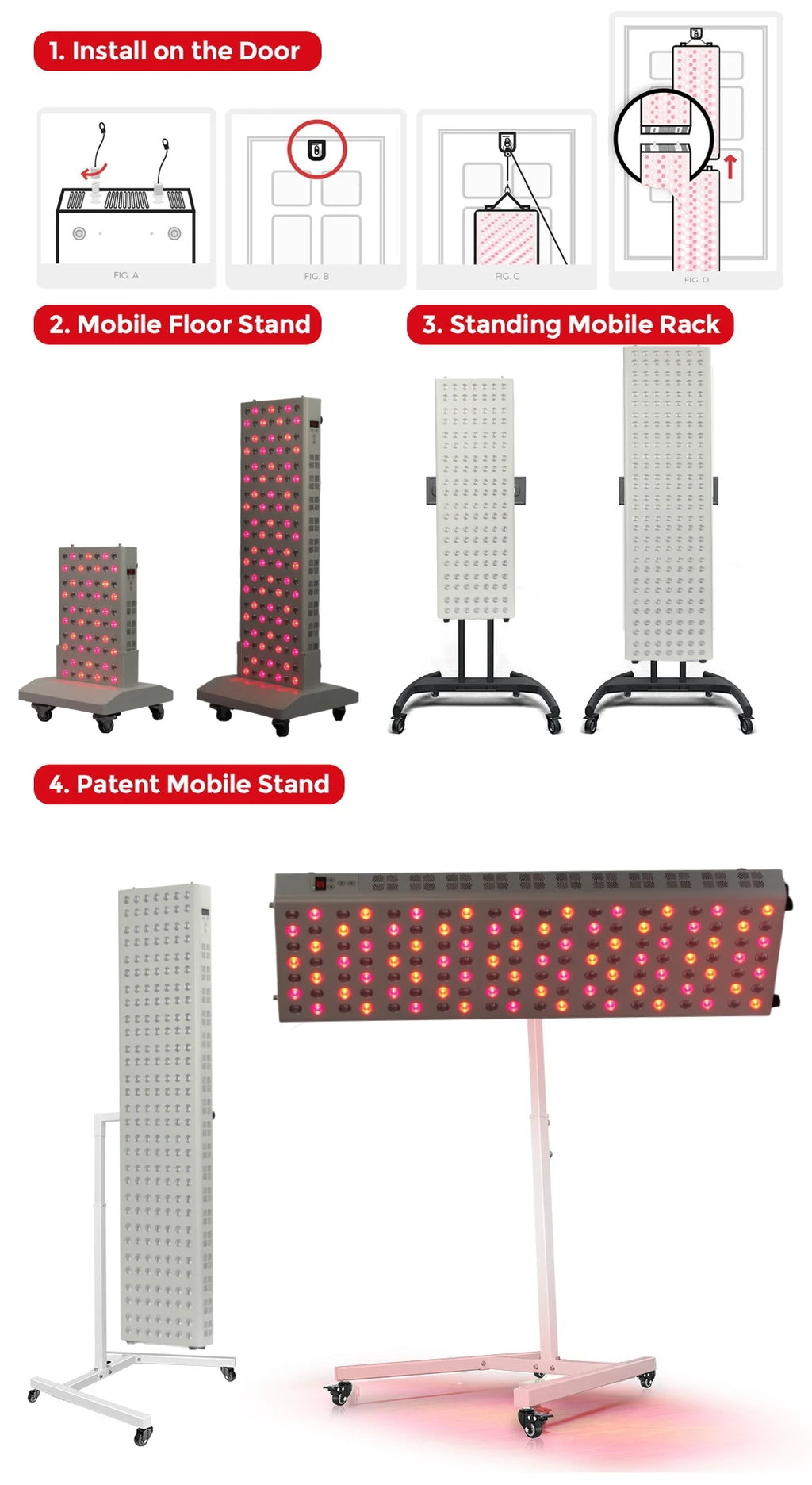 Red light therapy panel for pain relief and skin with door mount, floor stand, and rolling rack options.