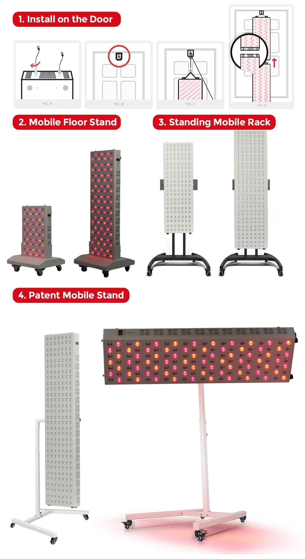 Red light therapy panel for pain relief and skin with door mount, floor stand, and rolling rack options.