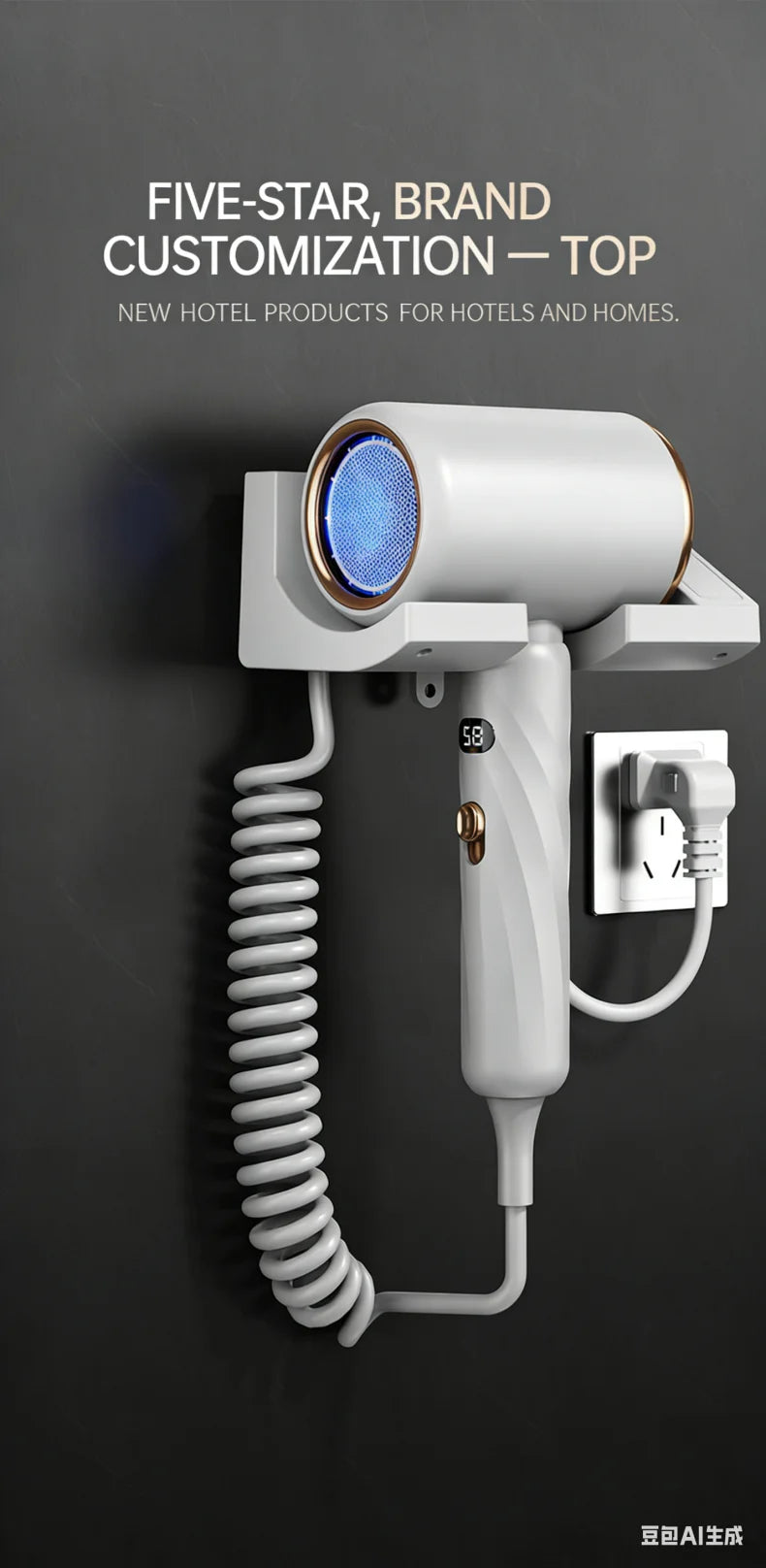 White wall-mounted 1800W hair dryer with LED temp display, coiled cord, and gold accents for bathroom or hotel use.