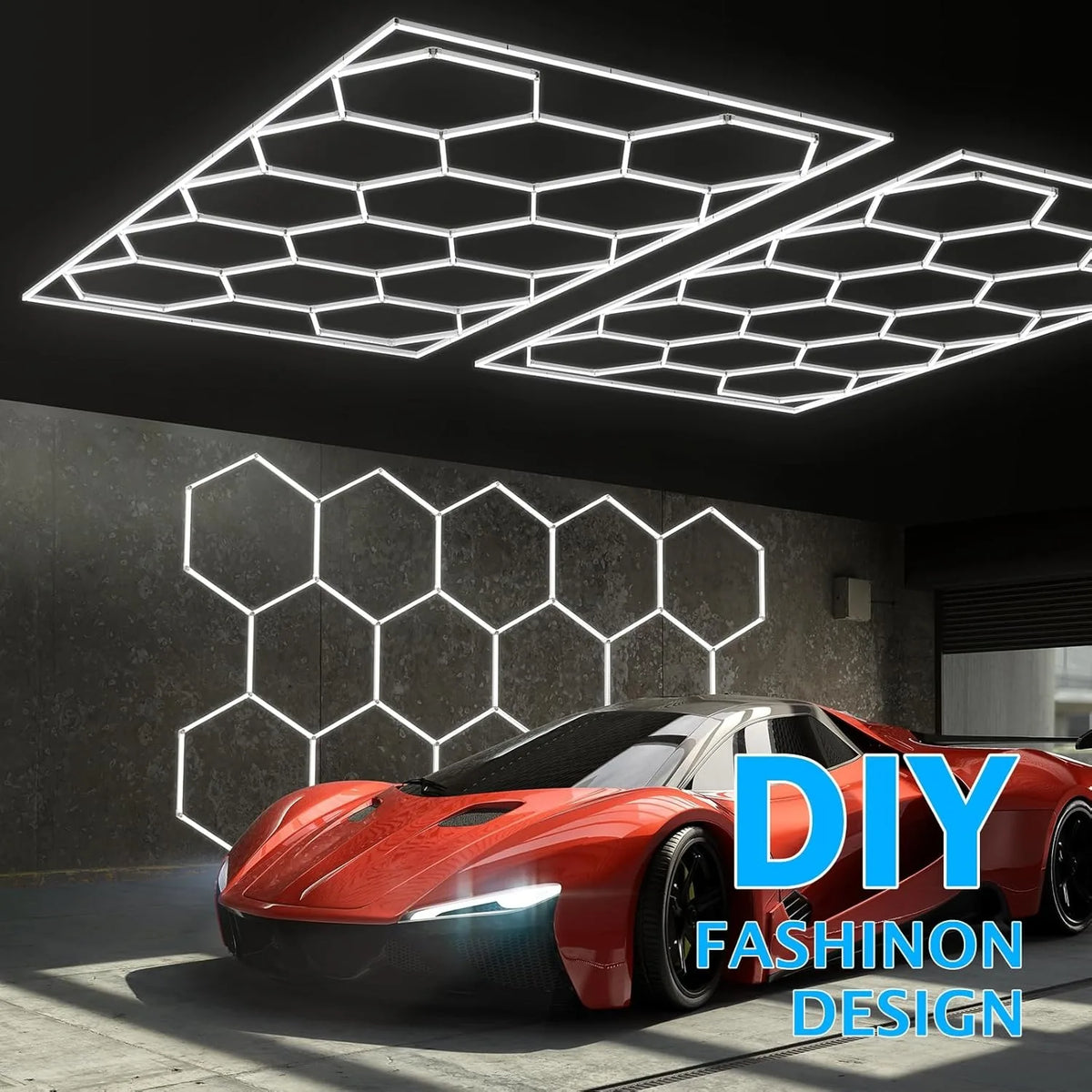 Hexagon honeycomb LED ceiling light fixtures with glowing rectangular panel sections