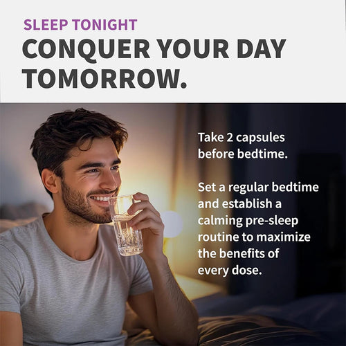 Man taking 2 capsules sleep supplement with purple packaging to help improve rest and sleep quality.