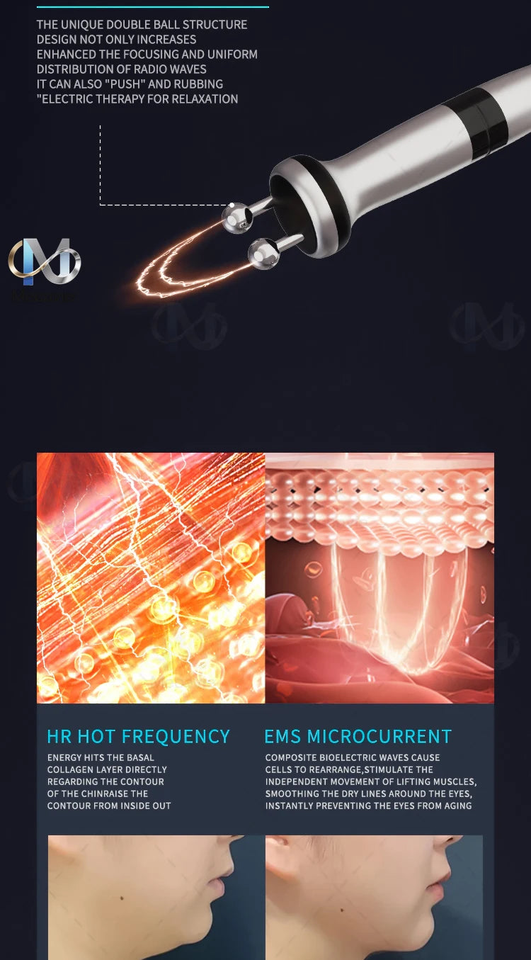 6-in-1 facial machine featuring double-ball radio frequency probe for skin tightening, EMS microcurrent, and lifting.