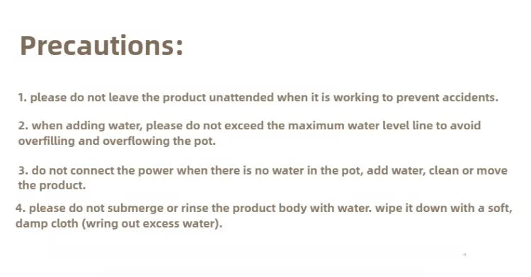 Safety precautions card for electric multi cooker use, including water level guidance