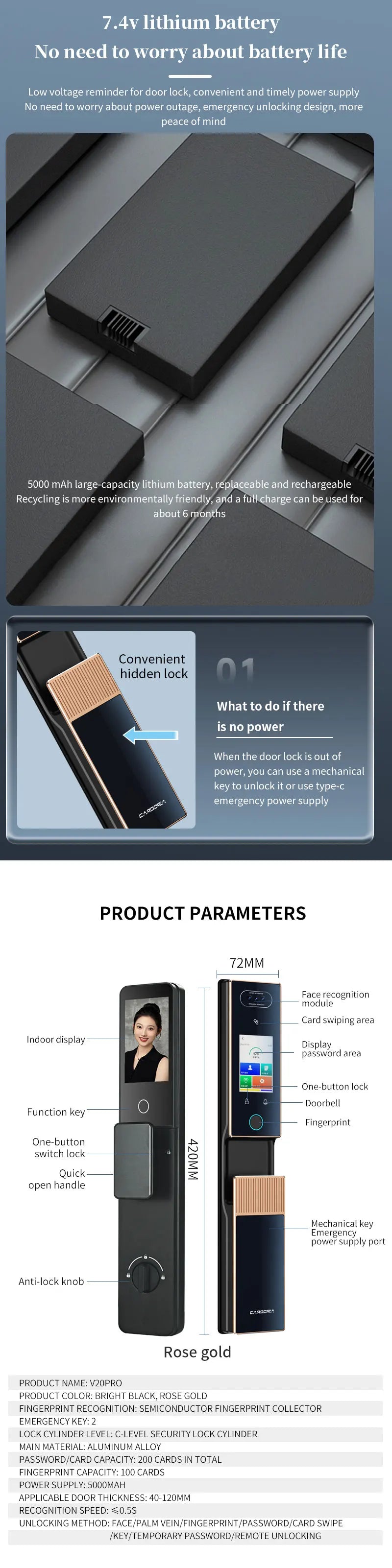 Cardoria Fully Automatic AI Dual Screen Camera Dual Electric Palm Vein Door Entry Intelligent Fingerprint Facial Lock Smart Lock