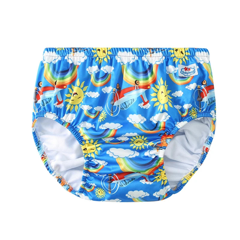 Babyland reusable baby swim diaper with airplane, rainbow, and sun print on blue fabric.