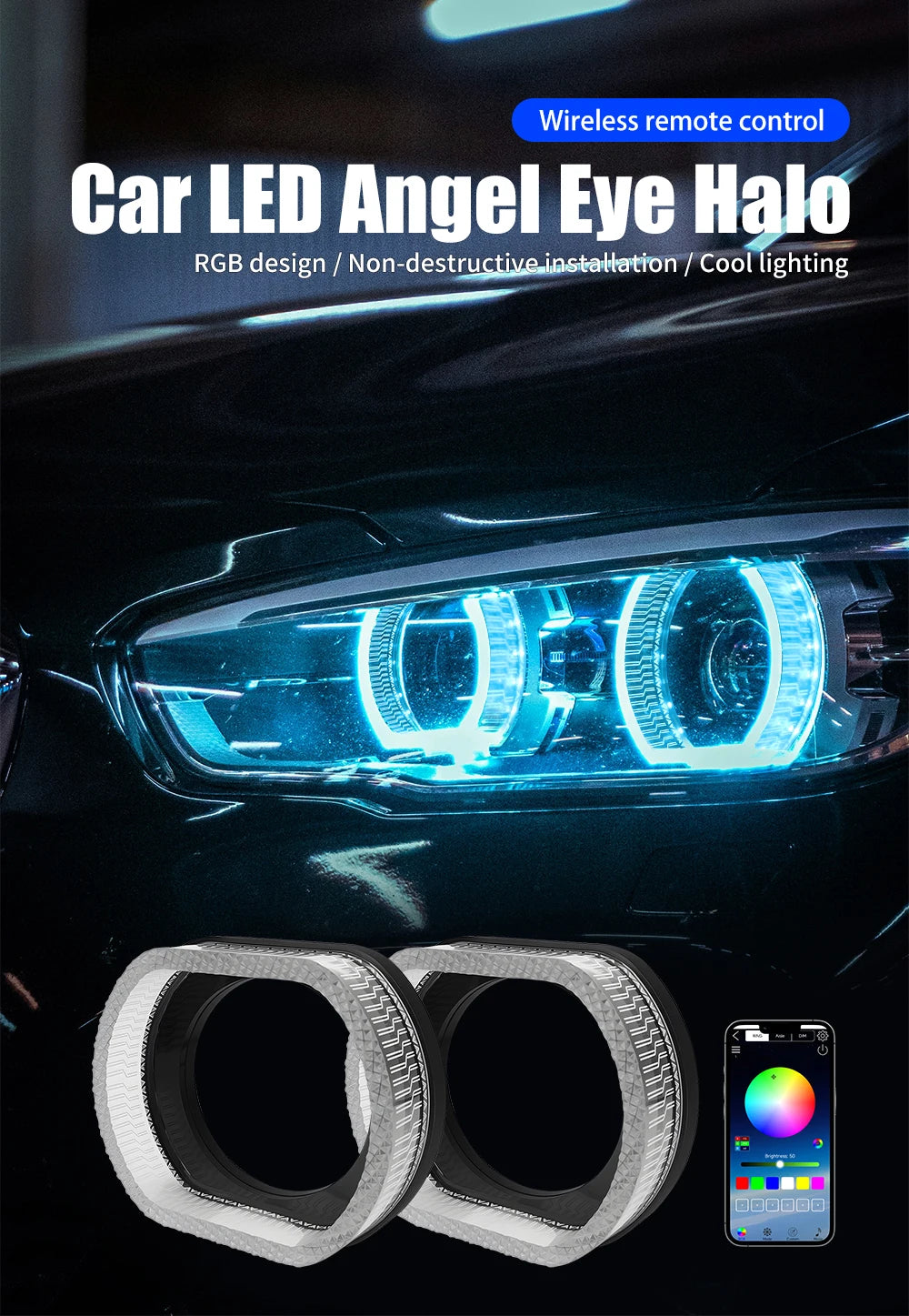 3 Inch LED Angel Eyes RGB Halo Ring Light with App Control - Tidesmit Tidesmit