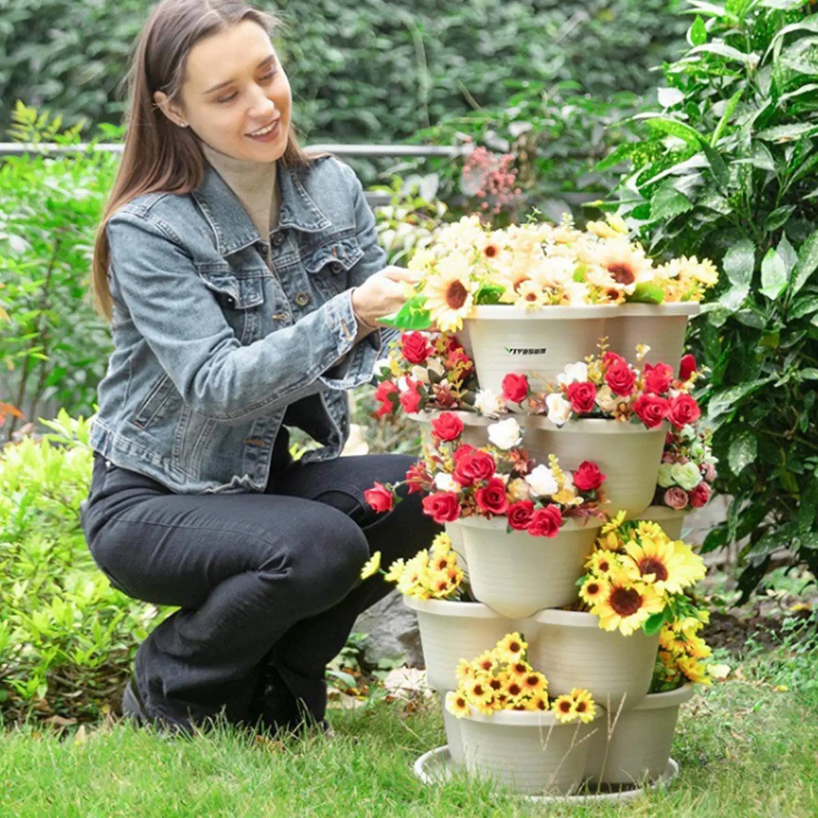 Stackable Tower 5 Pieces Vertical Planter Planting Plastic Pots Butterfly-shaped flower pots for Patio Balcony Yard Home House