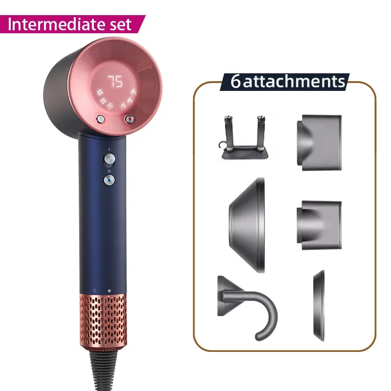 Blue and pink high-speed professional hair dryer with LED temp display and 6 styling attachments for hair care.