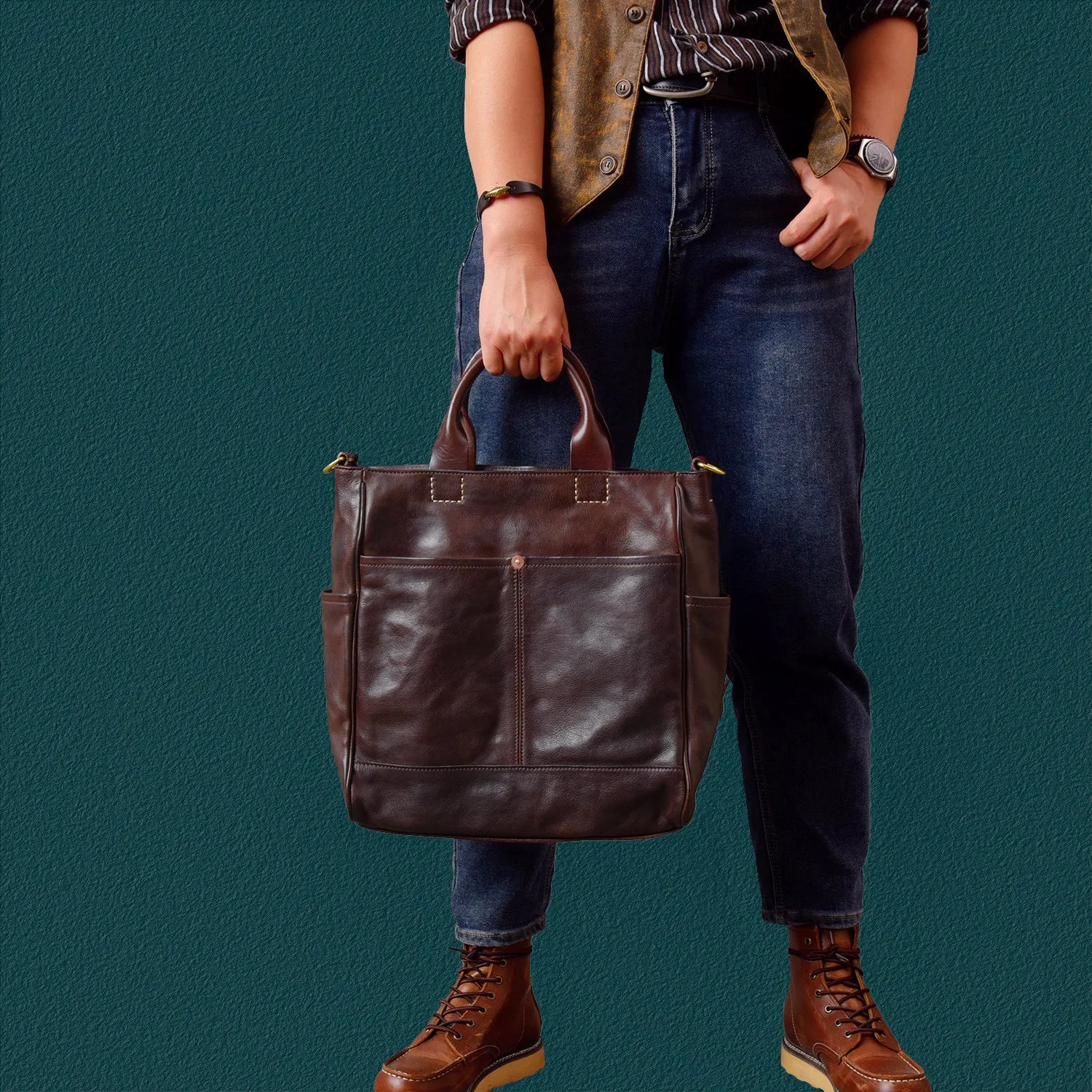 Fashion organizers designers handmade genuine leather men's tote bag outdoor travel luxury vegetable tanned cowhide handbags