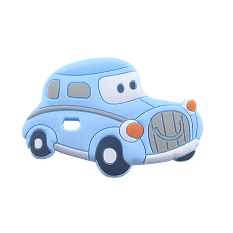 Blue car silicone baby teething toy for soothing sore gums.