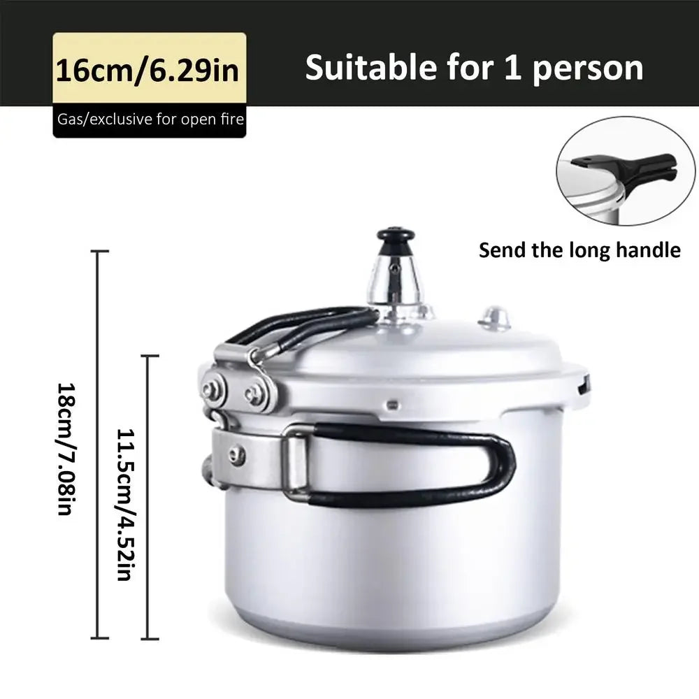 16cm portable pressure cooker for 1 person, long handle, silver body with black latch strap