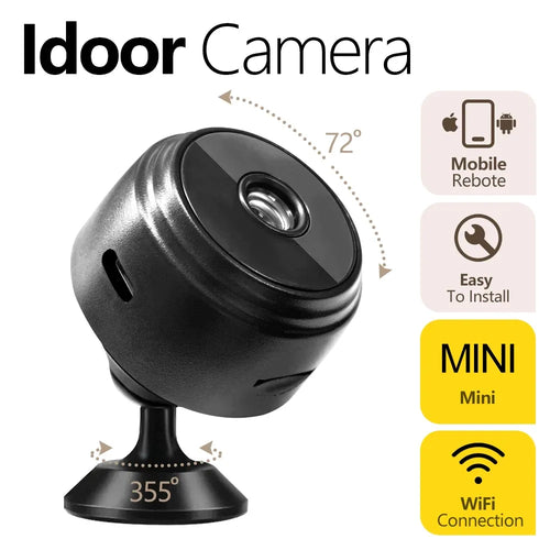 Black mini WiFi security camera on a desktop stand with wide-angle lens housing