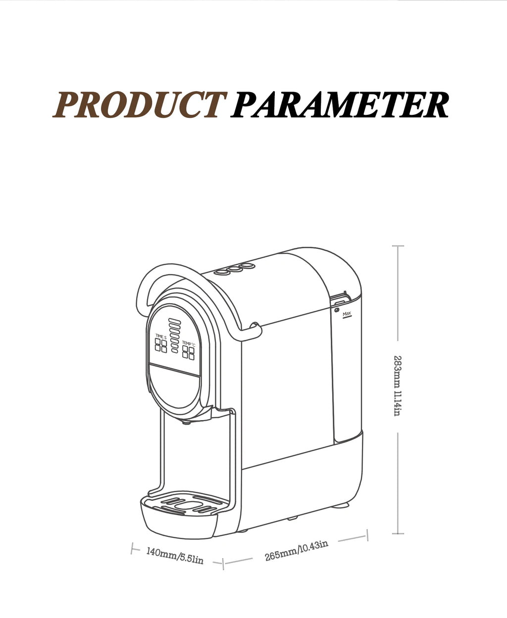 Line drawing of compact coffee maker with digital display, 283mm height, and dimensions showing 140x265mm footprint.