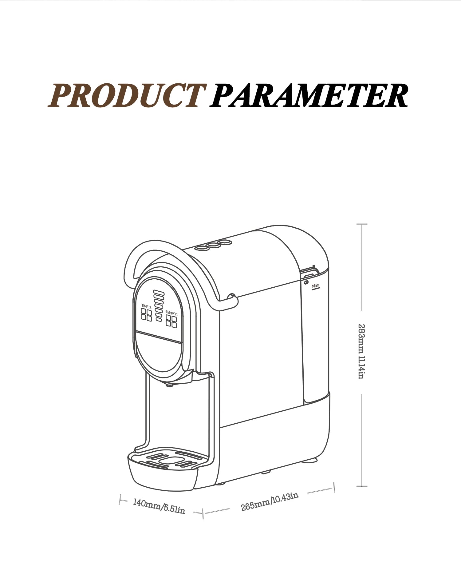 Line drawing of compact coffee maker with digital display, 283mm height, and dimensions showing 140x265mm footprint.