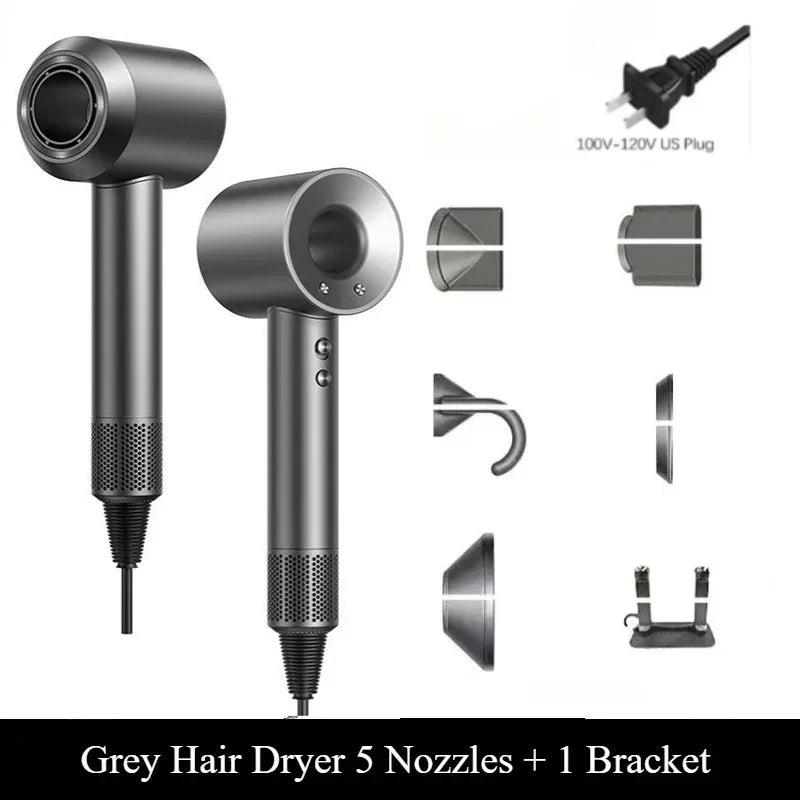 Grey professional leafless hair dryer with negative ion tech, 5 nozzles, and wall bracket for salon-style hair care.