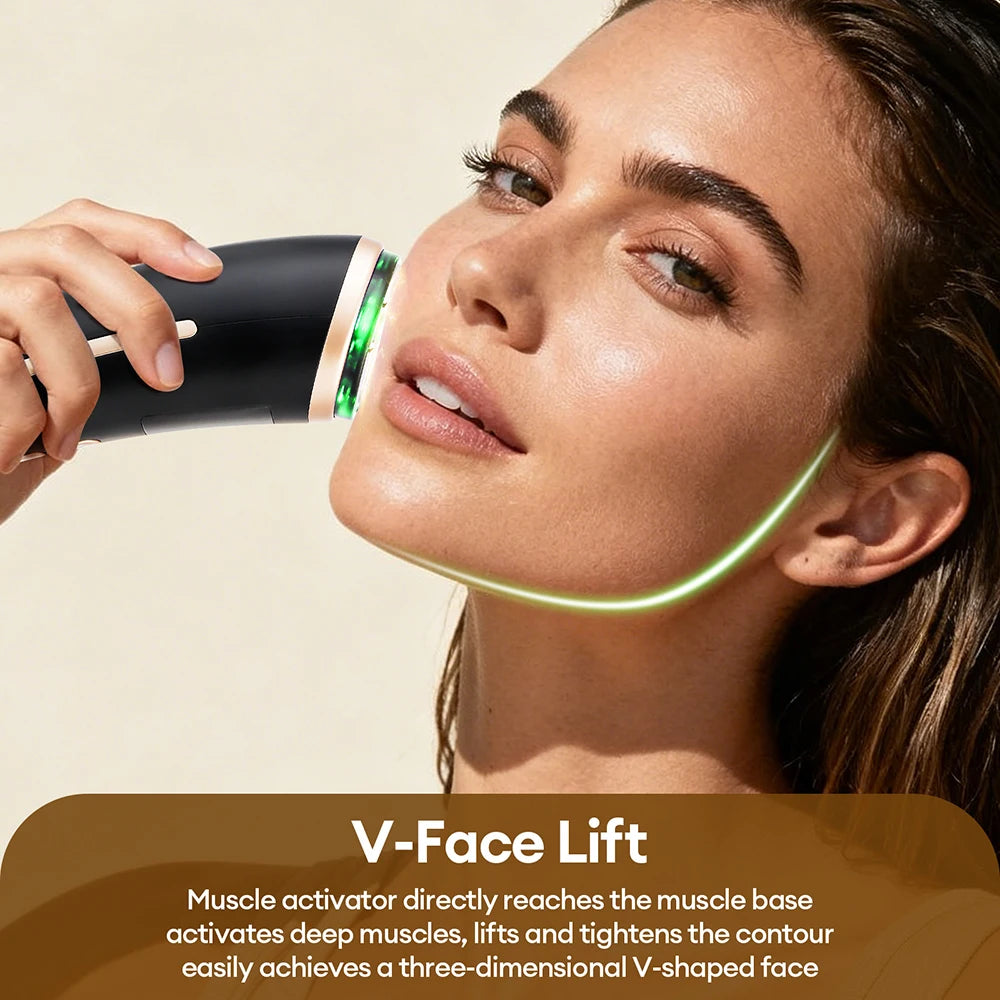 Woman using a handheld black and rose-gold HIFU facial device with a glowing green light on her jawline.