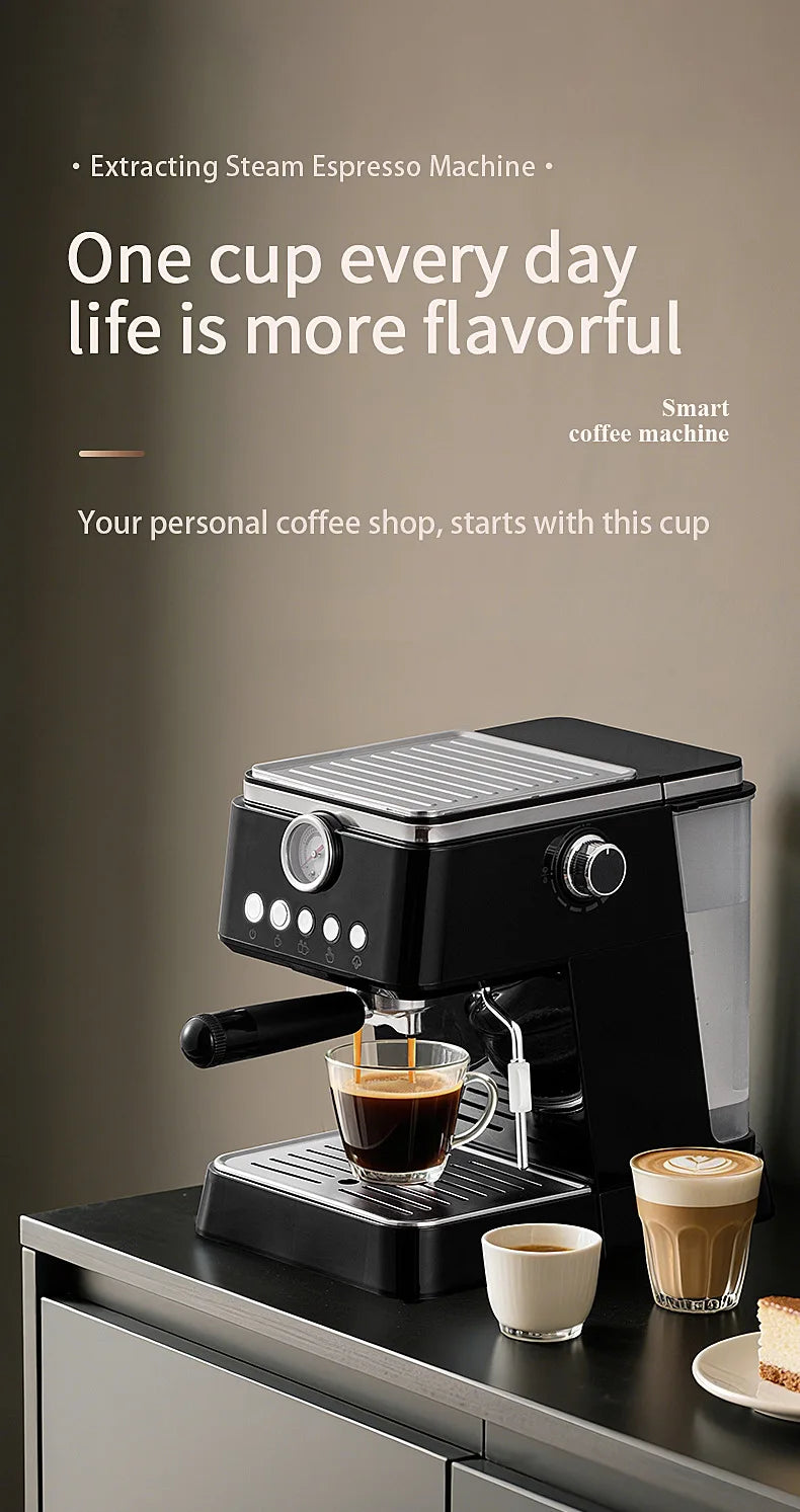 Black smart steam espresso machine with pressure gauge, portafilter, and metal warming tray brewing fresh coffee.