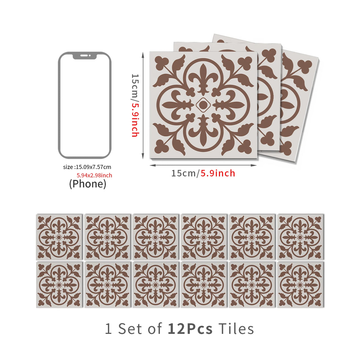 Set of 12 Moroccan peel-and-stick tile stickers, brown with white ornate damask.