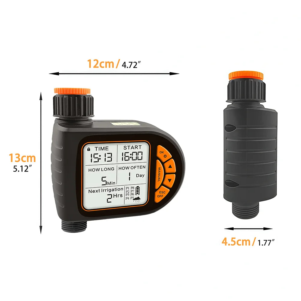 LCD irrigation timer controller with orange dial and compact rain-sensor style connector