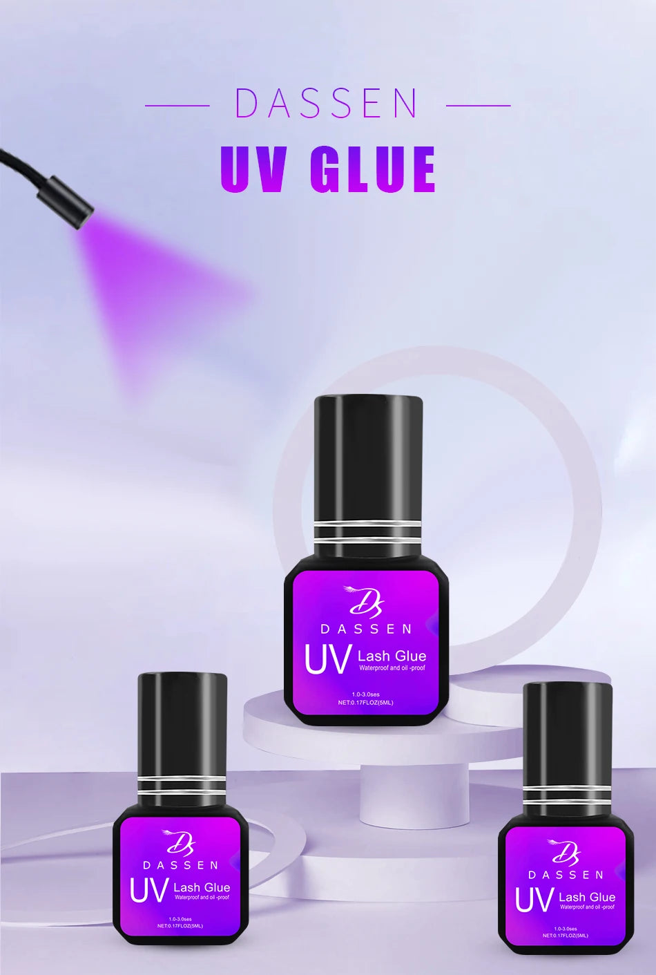 Dassen 5ml UV eyelash extension glue bottles with fast-drying, professional purple labeling on display stands.