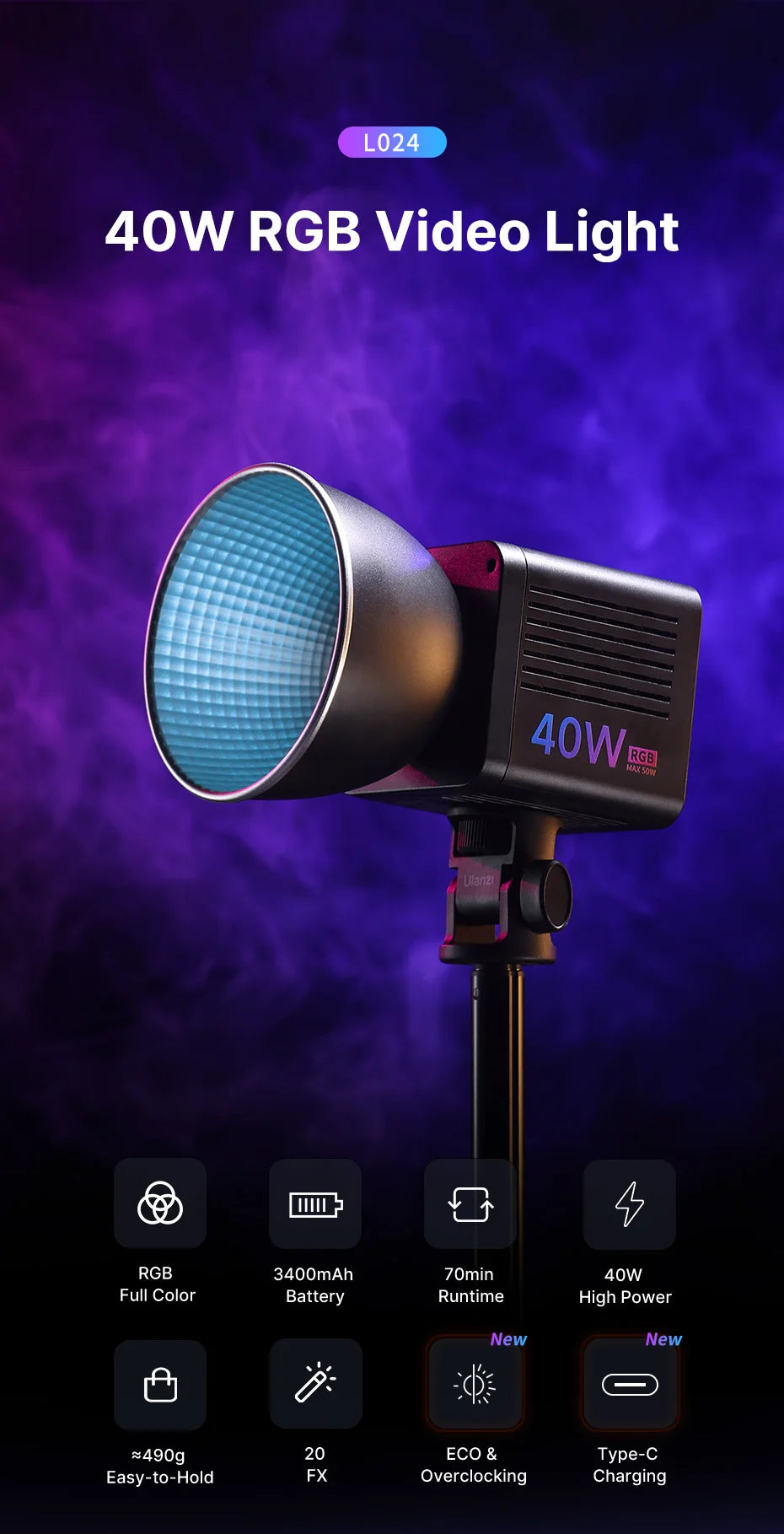 40W RGB video light on a stand with a round reflector, designed for versatile, portable color lighting for content.