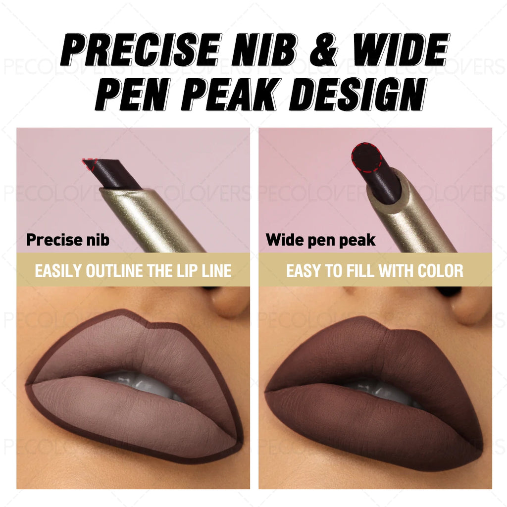 Waterproof matte lip liner pencil with a precise nib for outlining and wide tip for filling long-lasting lip makeup.
