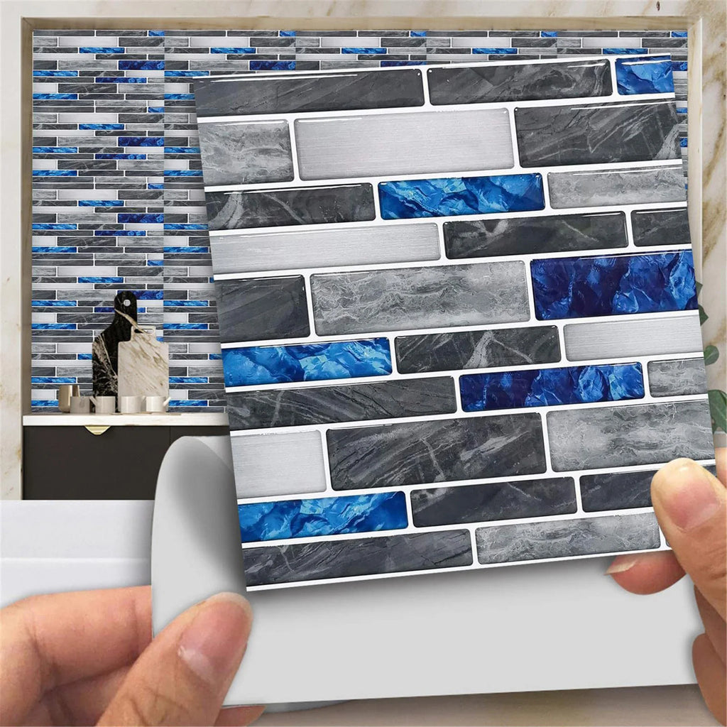 Self-adhesive 3D mosaic tile sticker sheet, blue and gray brick pattern, peel-and-stick