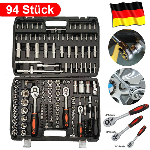 Chrome vanadium socket wrench set in black storage case with ratchets and assorted sockets