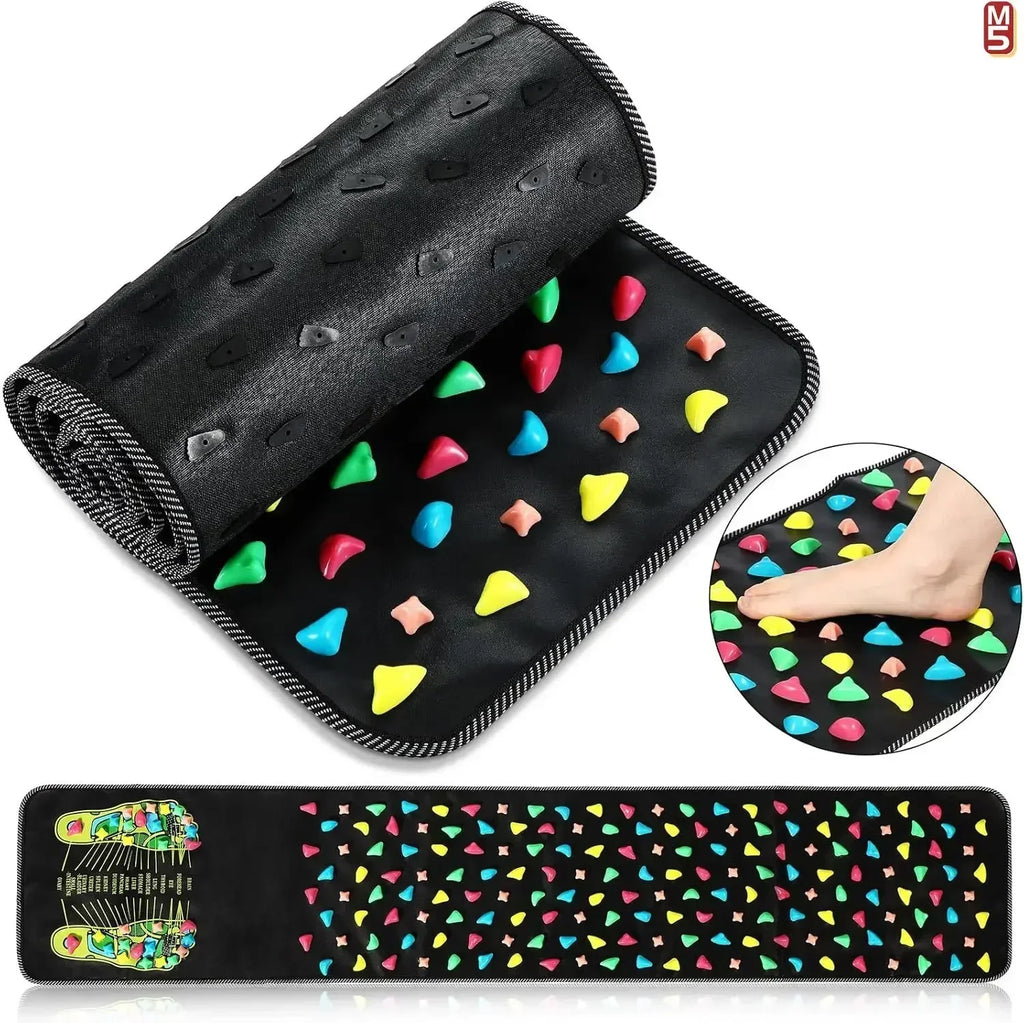 Black acupressure foot reflexology massage mat with colorful stimulation stones for health care and pain relief.