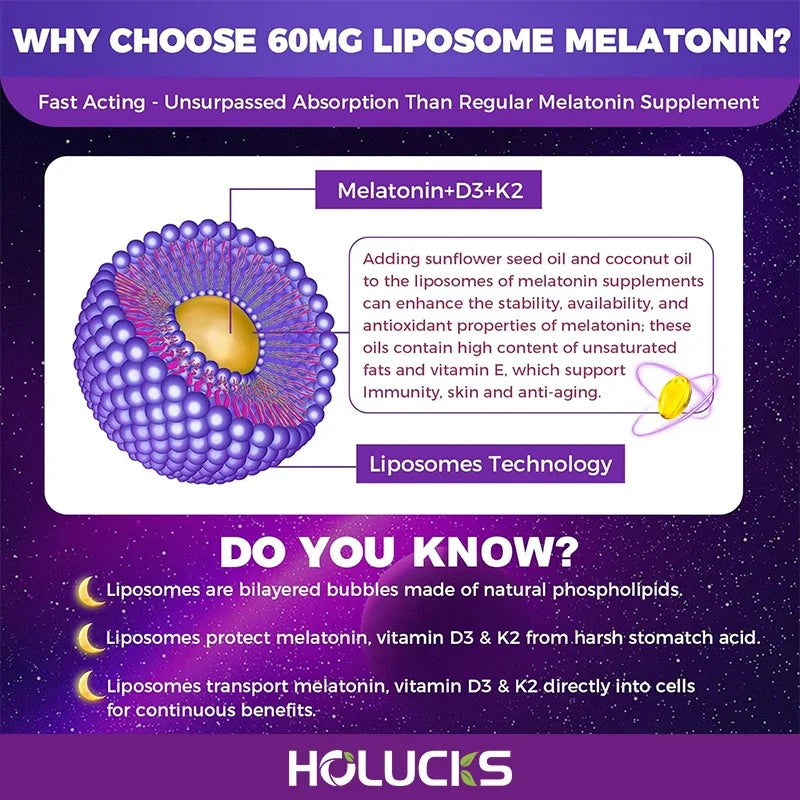 Melatonin 60mg, with Vitamin D3 K2, Chamomile, for Sound Sleep Cycle, Immune & Antioxidant, 150 Softgels Capsules