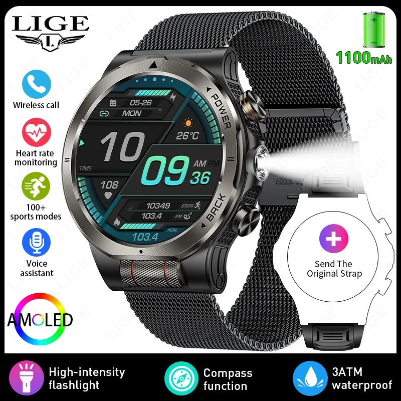 LIGE black smartwatch with mesh band and teal AMOLED display; shows time and icons.