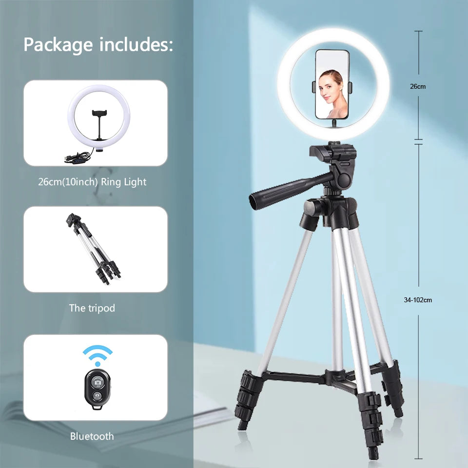 10-inch LED ring light with phone holder, 34-102cm adjustable silver tripod stand, and remote for photography.