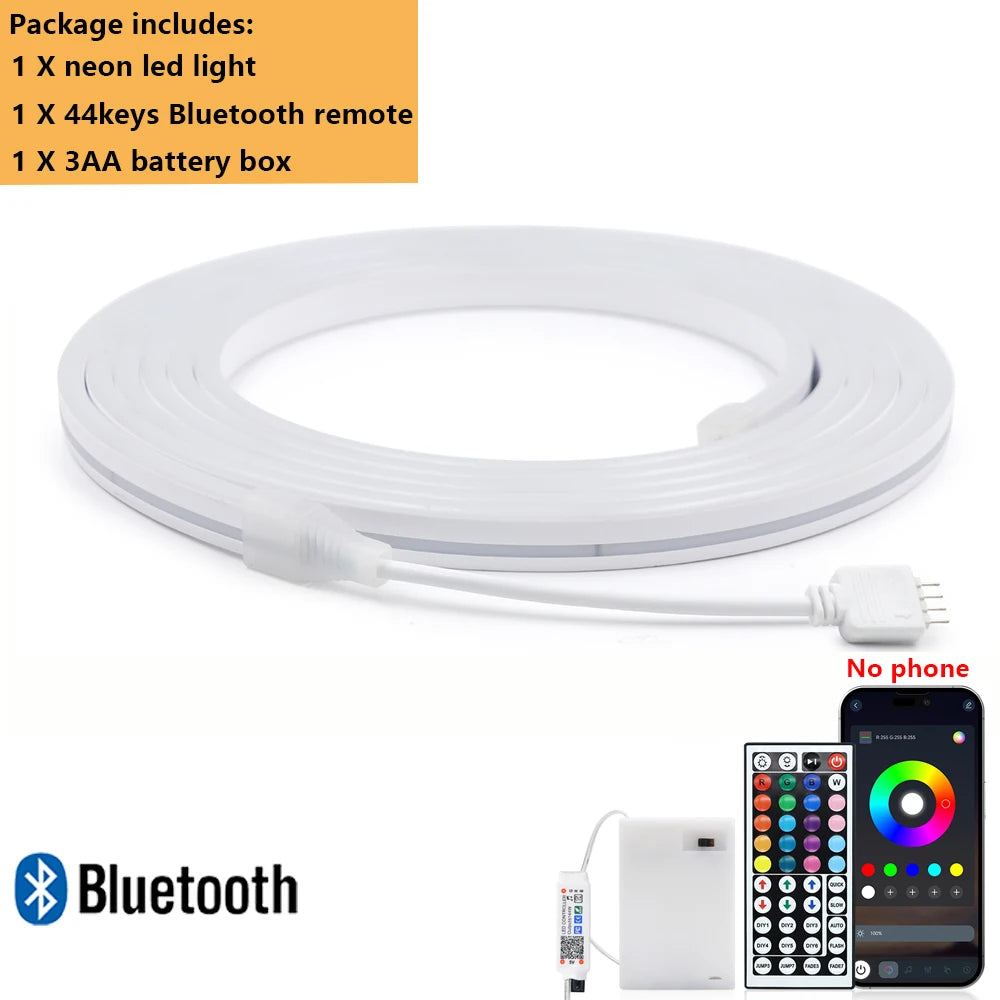 White Bluetooth LED neon strip light kit with remote and 3AA battery box, shown