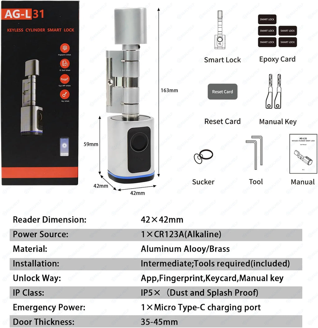 EU Door Smart Cylinder Lock with App Control & Fingerprint, Easy DIY Keyless Entry for Landlords, Tenants, Home Office