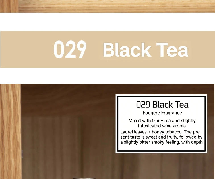 029 Black Tea unisex EDT 100ml perfume. Fruity, sandalwood, tobacco, laurel notes in a sleek, modern glass bottle.
