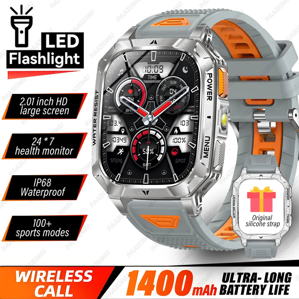 2026 New 1400mAh Big Battery Smart Watch Men Outdoor GPS Flashlight 10ATM Waterproof Bluetooth Call AMOLED HD Sports Smartwatch