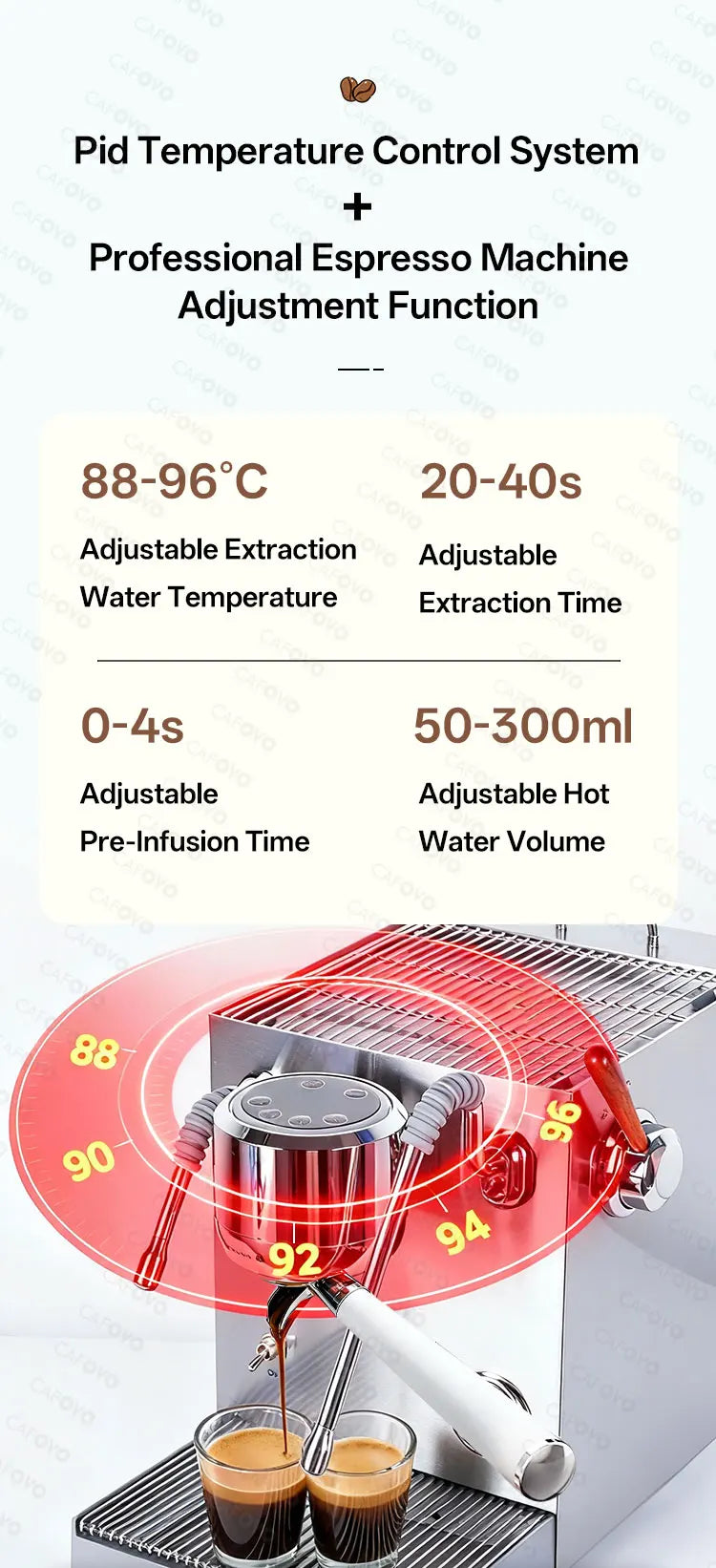 Cafoyo stainless steel professional espresso machine with PID temperature control and adjustable extraction settings.