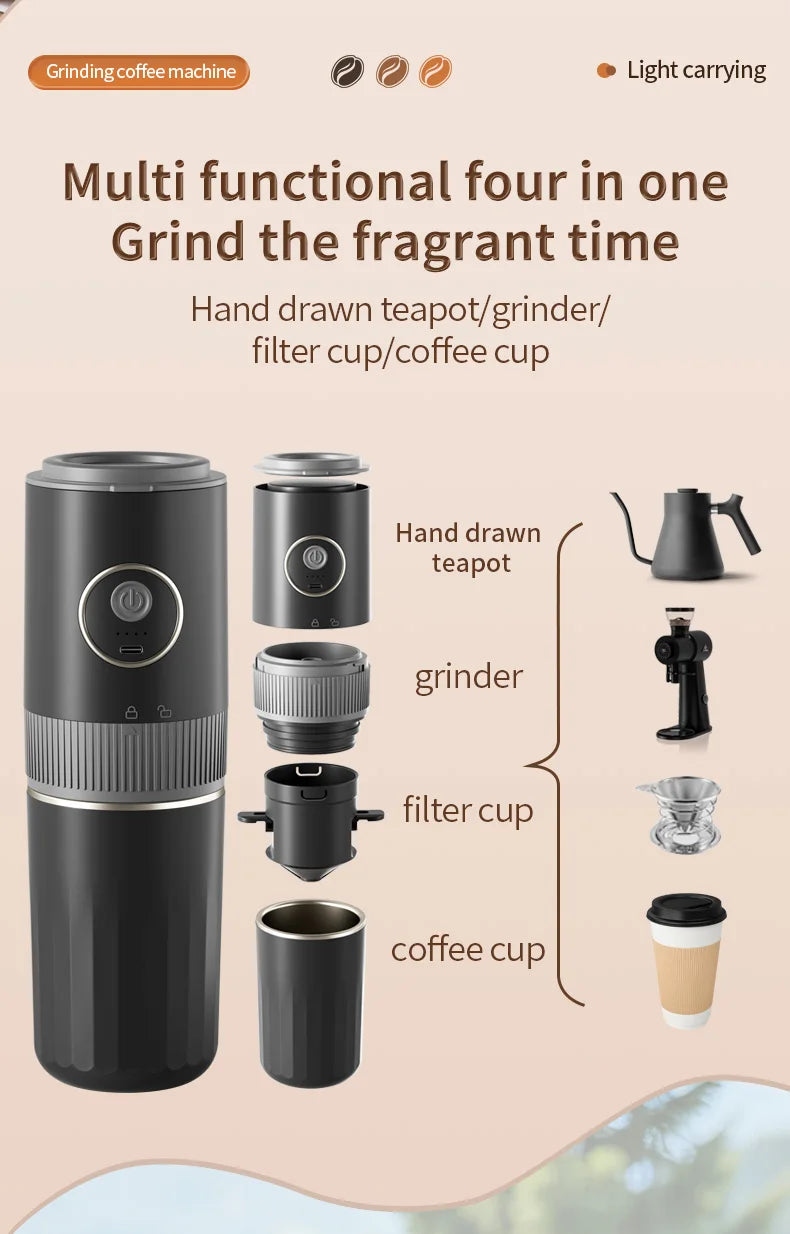 Portable 4-in-1 black travel coffee maker set with built-in grinder, filter, teapot, and cup for brewing on the go.